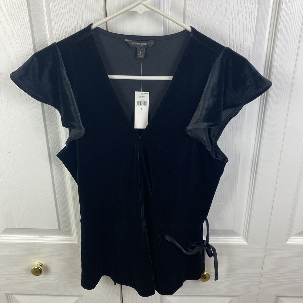 Banana Republic Blouse Women S Black V Scallop Cap Sleeve Velvet Wrap Around NWT